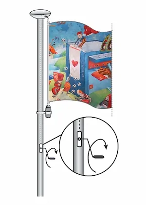 Strakke cilindrische vlaggenmast met een inwendig hijsmechanisme dat bediend wordt via een lier; biedt extra bescherming tegen diefstal en voorkomt het klapperen van het koord.