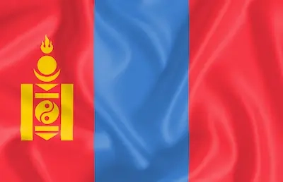 Verticale banen van rood en blauw met een gouden Mongools symbool aan de mastzijde.