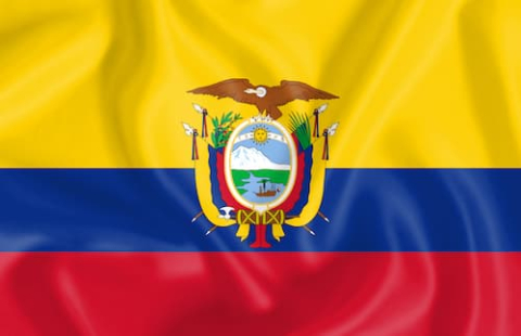 Horizontale geel-blauw-rode vlag met een extra brede gele bovenbaan en een centraal wapenschild.